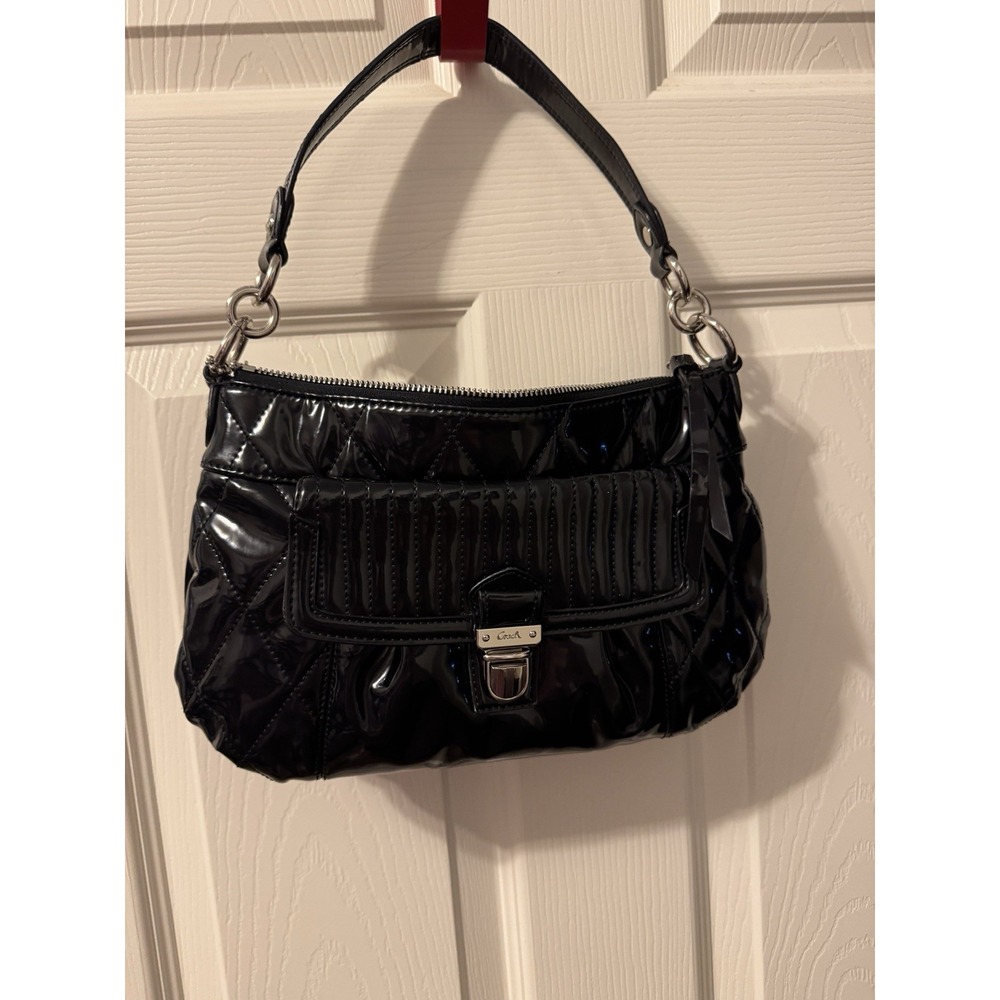 Coach Black Patent Leather Quilted Shoulder Bag Pink Satin Lining 18671 CB Strap